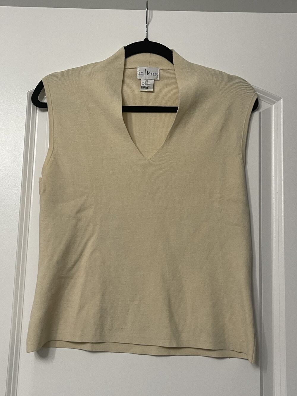 Minimalist Vt 90s-00s, In-Knit 80% Silk V-Neck Knit Top Sweater Ivory Cream XL